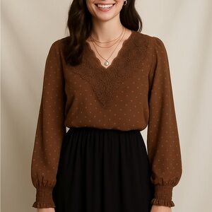 SHEIN Brown Ruffled Long Sleeve Bib Collar Blouse women’s MEDIUM